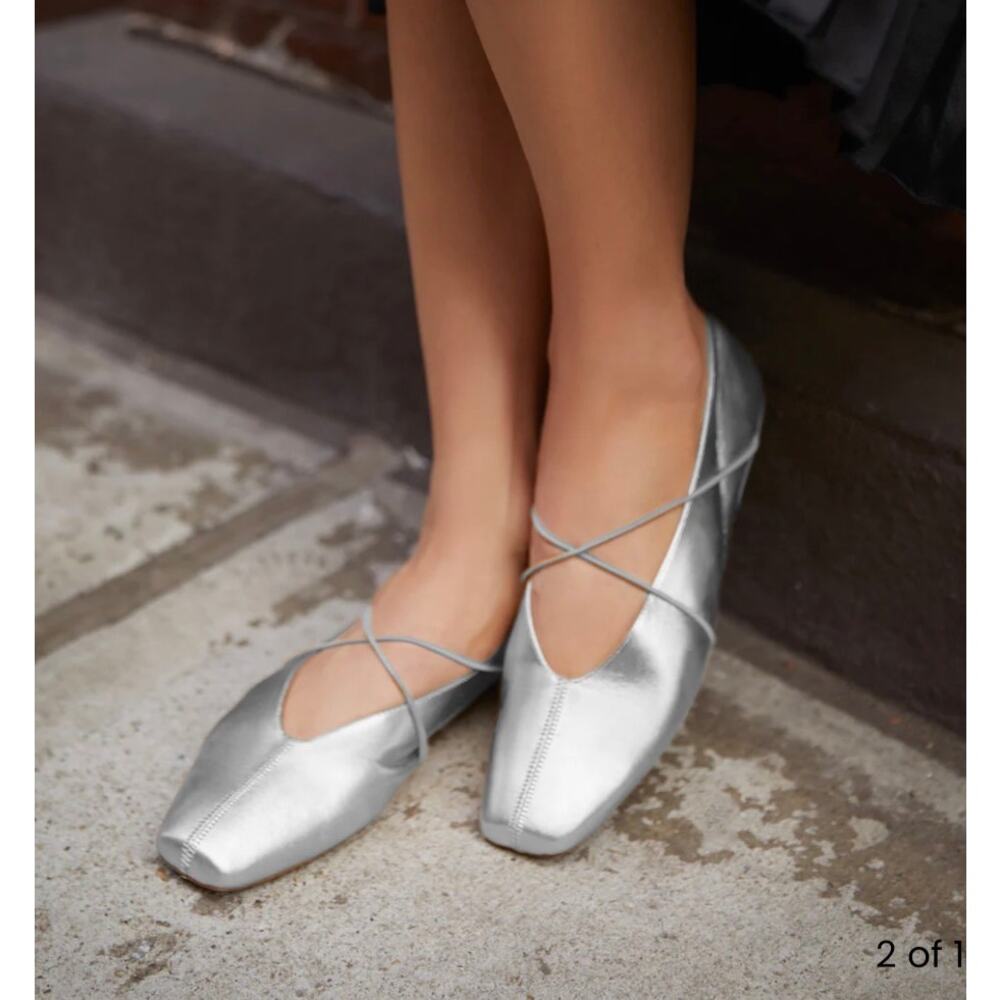 M. Gemi Silver Leather Ballet Flats with Crisscross Straps